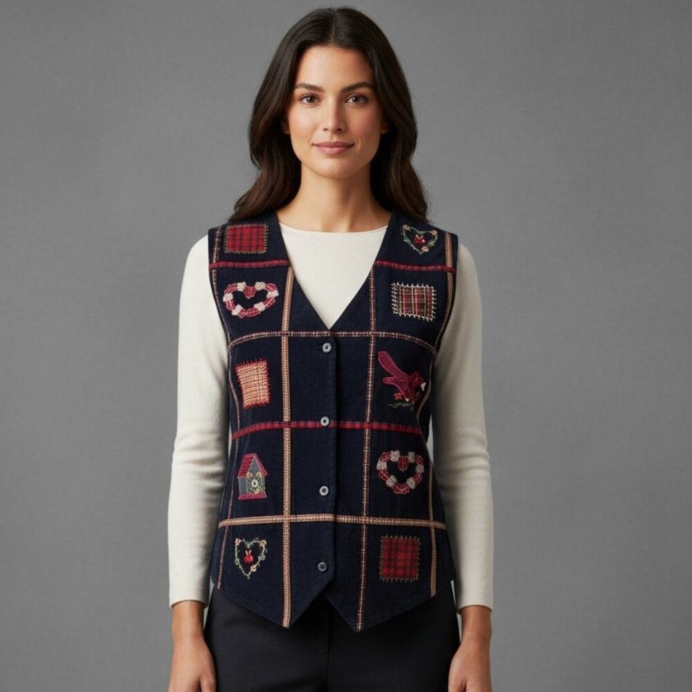 Vintage Bobbie Brooks Womens M Sweater Vest Cardinal Apple Birdhouse Heart
